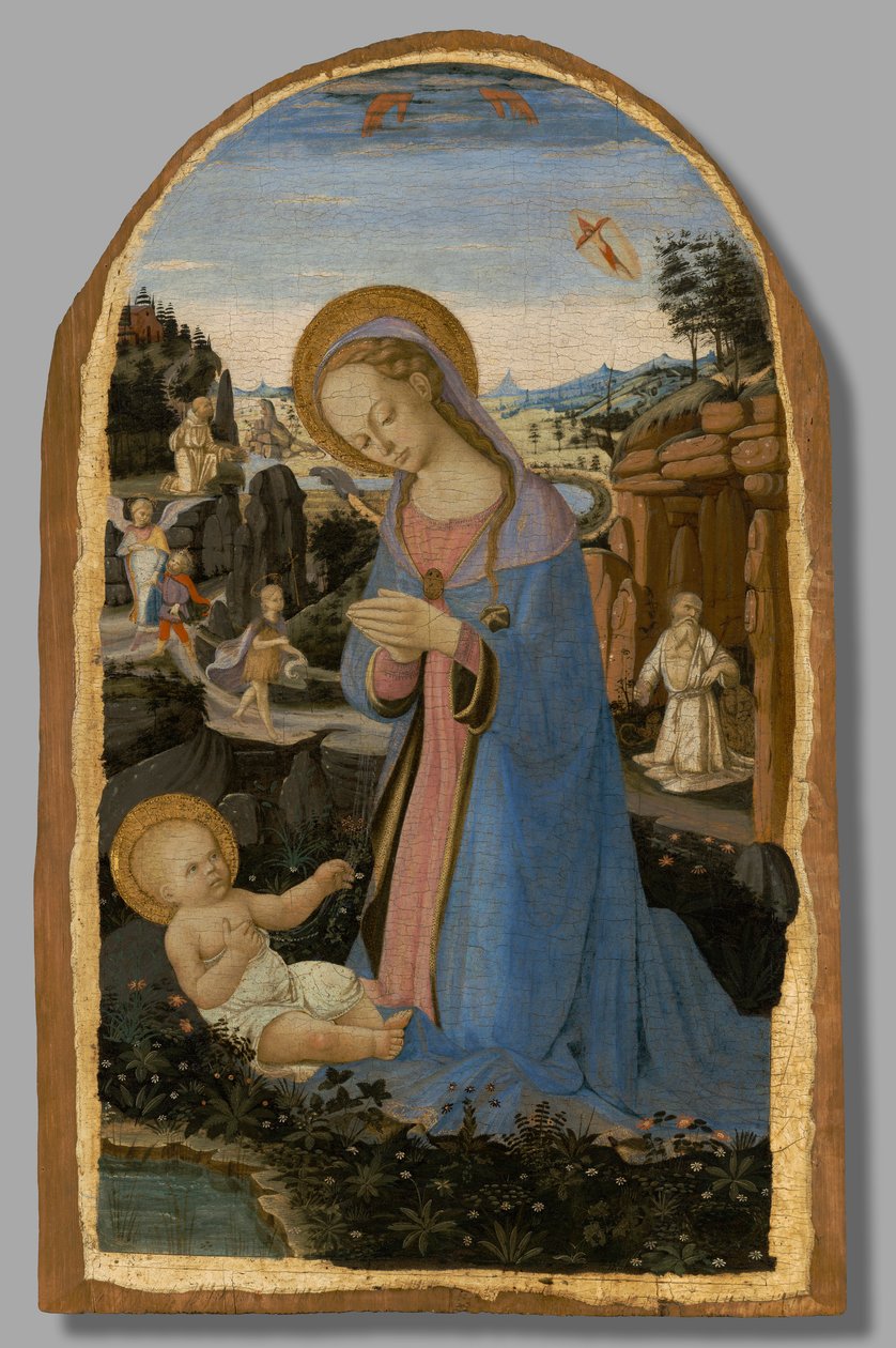 Tillbedjan av Kristusbarnet med Saint Francis of Assisi som tar emot Stigmata; Tobias och ängeln; Johannes döparen i vildmarken; och den botfärdige Saint Hieronymus av Andrea del Verrocchio