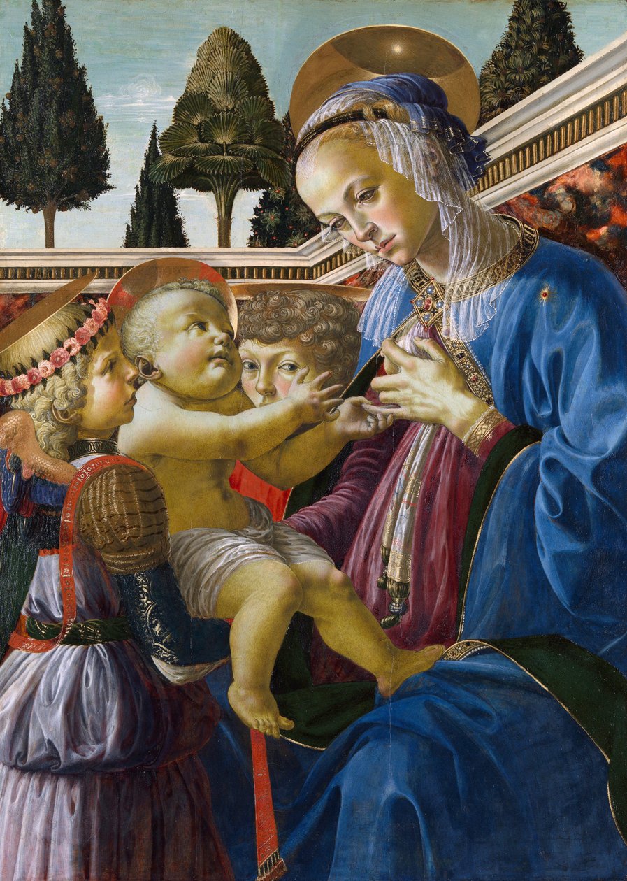 ""Madonna och barn med två änglar"" Målning av Andrea del Verrocchio (1437-1488) 1467-1469 London National Gallery av Andrea del Verrocchio