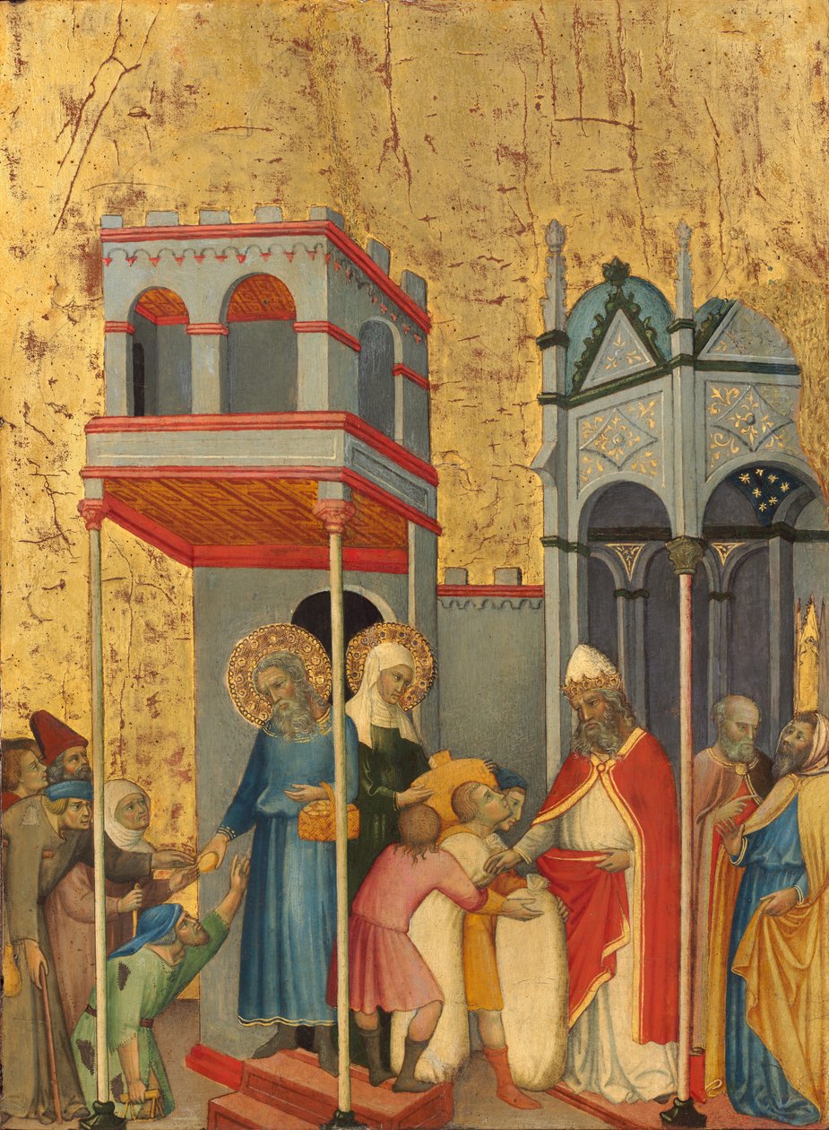 Joachim och Anna ger mat till de fattiga och offergåvor till templet av Andrea di Bartolo
