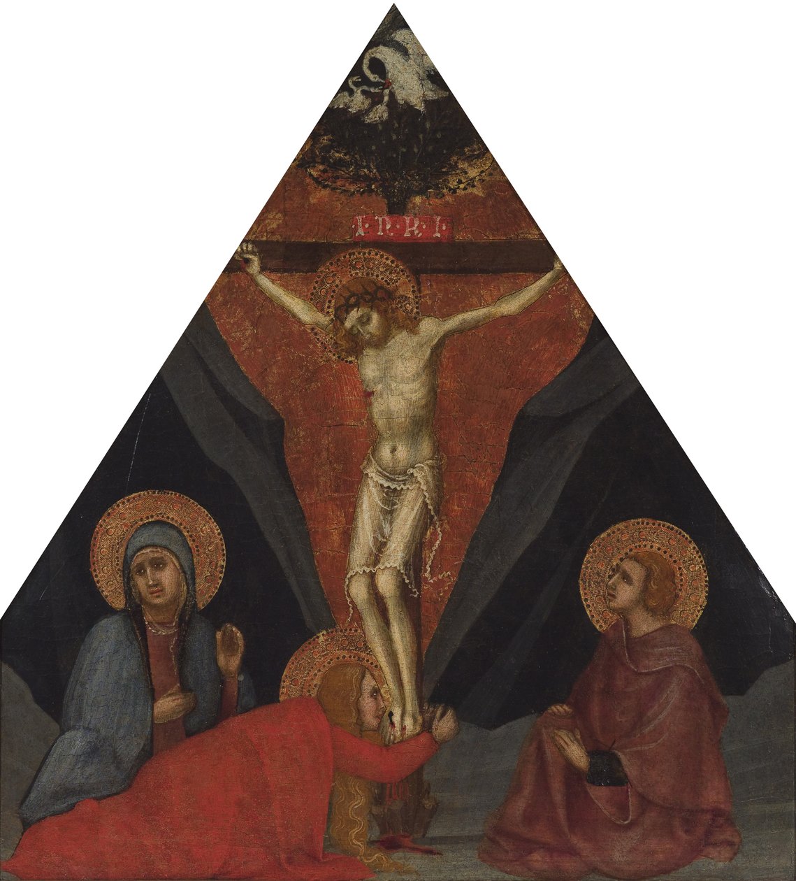 Korsfästelsen med jungfrun, Maria Magdalena och Johannes evangelisten, ca 1400 av Andrea di Bartolo