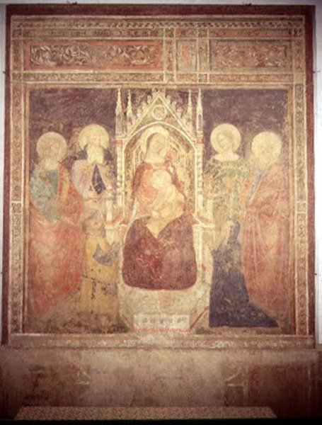 Madonna och barn med SS. Elia, Johannes Döparen, Nicolas och Leonard (fresco) av Andrea di Bonaiuto (fl.1343 77)