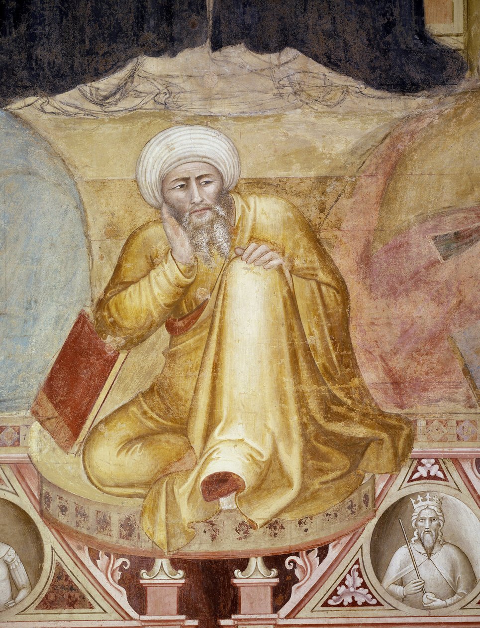 Triumf av St Thomas av Aquino, detalj av figuren under tronen, från det spanska kapellet, ca 1365 (fresk) av Andrea di Bonaiuto (fl.1343 77)