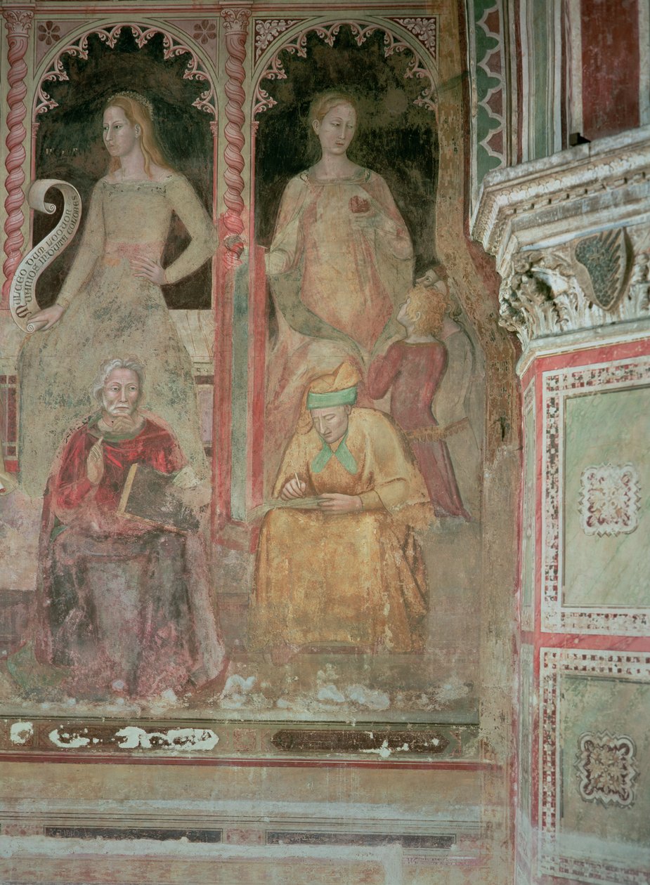 Kyrkan militant och triumferande, i det spanska kapellet, detalj av retorik, cicero, grammatik och Aelius Donatus av Andrea di Bonaiuto (fl.1343 77)