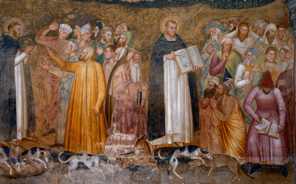 Den militanta kyrkans triumf: Thomas Aquinas före kättarna och nedre högra, Fra Dolcino slet den officiella läran om kyrkan. Spagniardernas kapell (Detalj av fresken, 1365) av Andrea di Bonaiuto (fl.1343 77)