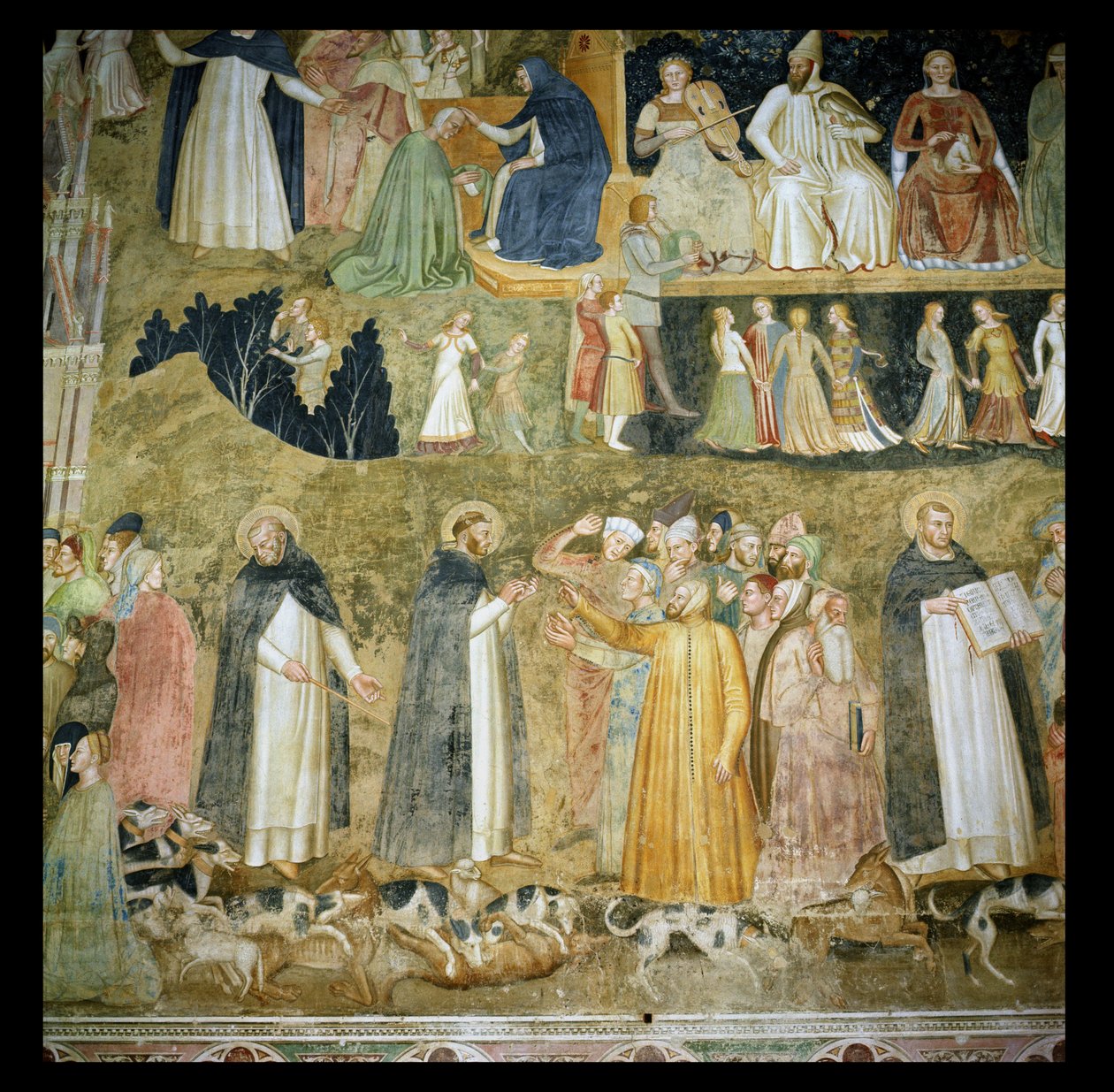 S:t Dominic som sänder Herrens hundar, med St. Peter Martyr och St. Thomas Aquinas, ca 1369 av Andrea di Bonaiuto