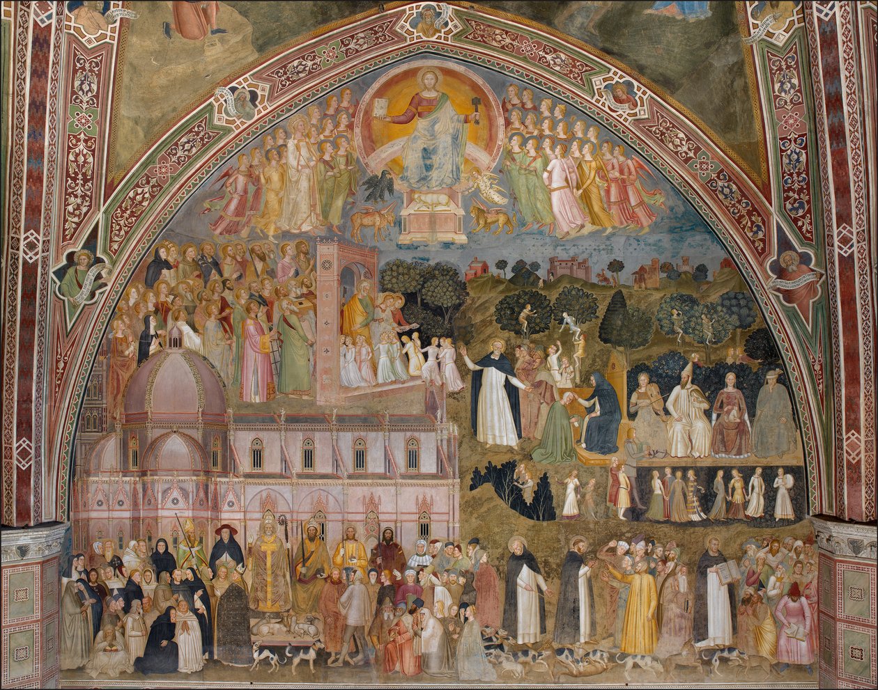 Kyrkans triumf, Kyrkans stridande och triumferande Alternativ titel(r):  Allegori om den aktiva och triumferande kyrkan och dominikanorden av Andrea di Bonaiuto