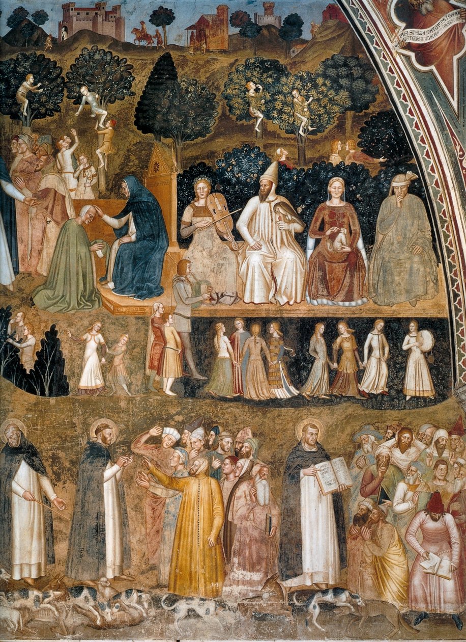 Kyrkans triumf, Kyrkans stridande och triumferande Alternativ titel(r):  Allegori om den aktiva och triumferande kyrkan och dominikanorden av Andrea di Bonaiuto
