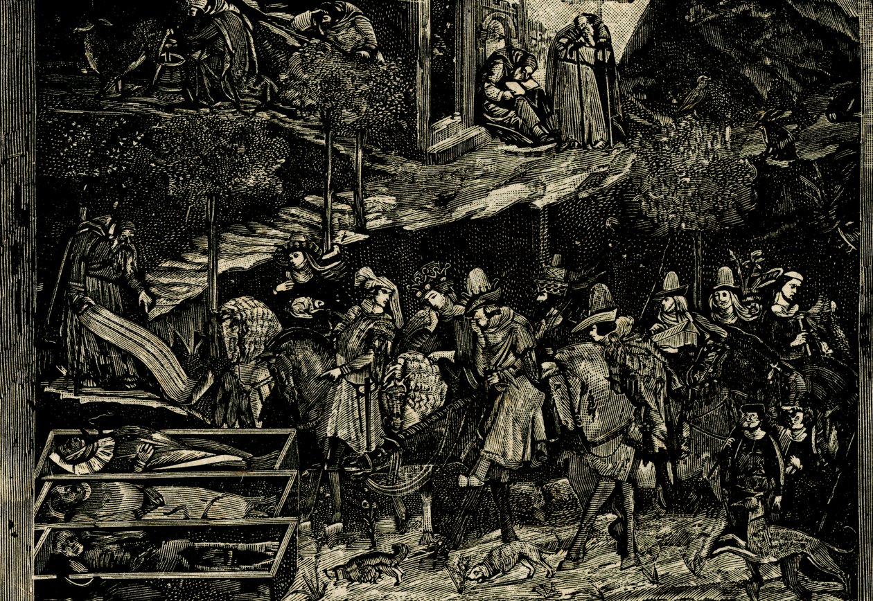 Ridning, detalj från Triumph of Death, fresk av Andrea Orcagna (cirka 1315-1368), Pisa, Toscana, Italien, träsnitt från Le cento citta d