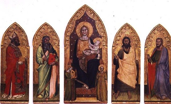 Madonna och barn med heliga (tempera på panel) av Andrea di Cione Orcagna