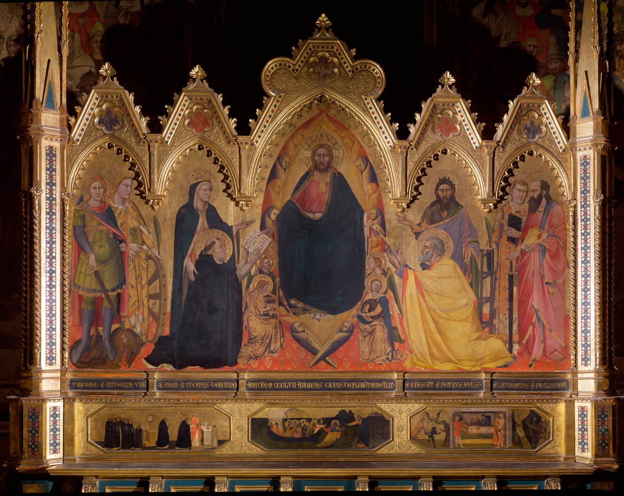 Maesta representerar Jesus på tronen med den helige Mikael, Maria och den helige Thomas av Aquino, den helige Johannes Döparen, den helige Petrus, den helige Laurentius och den helige Paulus - olja på panel av Andrea di Cione Orcagna