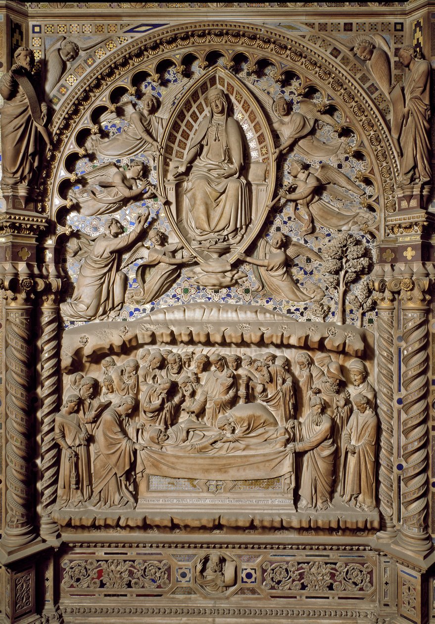 Tabernaklet: Jungfru Marias död och himmelsfärd. Hög marmorrelief av Andrea di Cione Orcagna