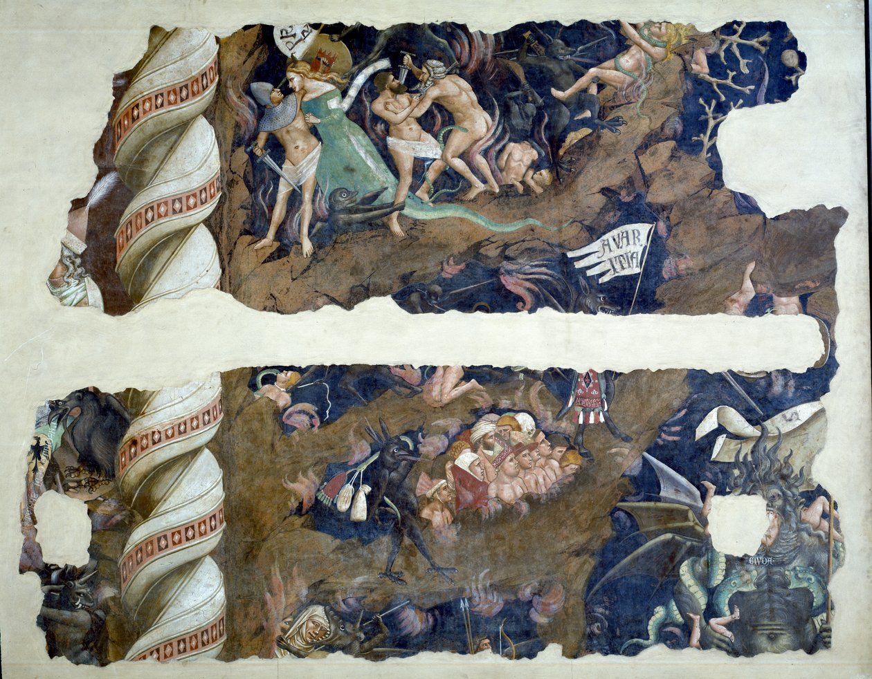 Dödens triumf, detalj av fragment som föreställer helvetet, fresk från 1348 av Andrea di Cione Orcagna