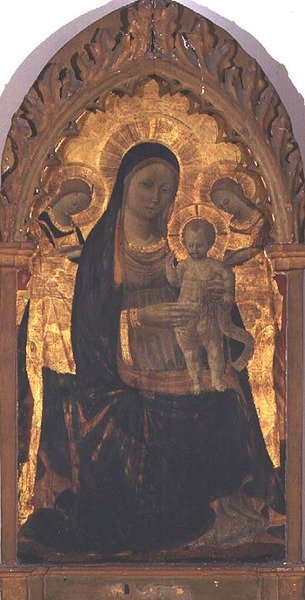 Madonna och barn med två änglar (tempera på panel) av Andrea di Giusto Manzini