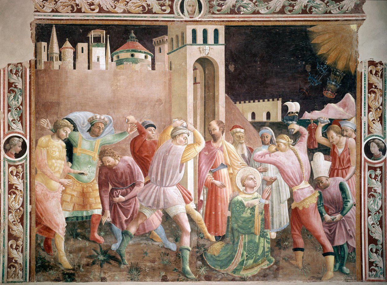 Stening av St Stephen Fresco av Andrea di Giusto (aktiv omkring 1424-1450) 1430-1450 Cathedrale of Prato, Chapel of Assunta Prato Italien av Andrea di Giusto Manzini