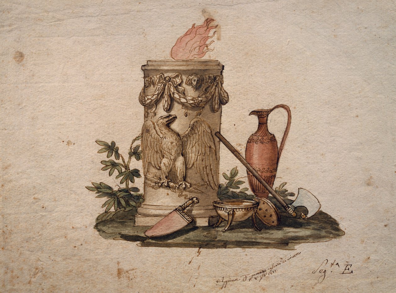 Kolumnformad brazier, dekorerad med festonger och örn, med skärvapen, kopp och amfora, målning av Andrea Appiani (1754-1817), Italien av Andrea the Elder Appiani