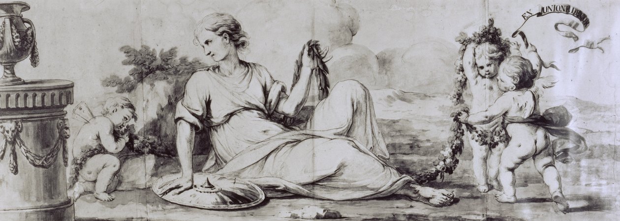 Kvinnlig figur med putti, allegorisk sammansättning, ca 1754, design av Andrea Appiani (1754-1817) för byrå av Giuseppe Maggiolini, Italien av Andrea the Elder Appiani