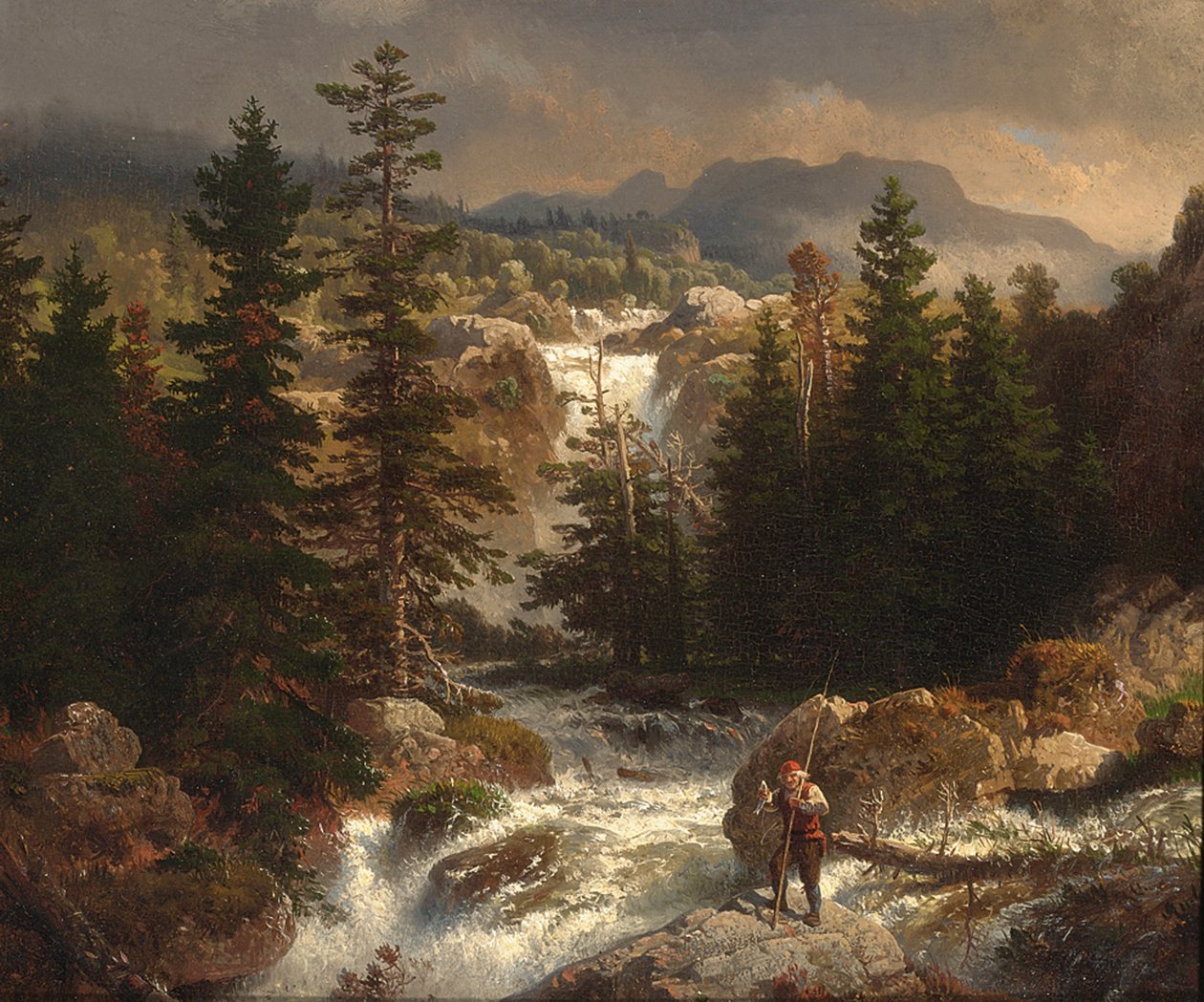 Ein Fischer inspeziert seinen Fang an einem Wildbach av Andreas Achenbach
