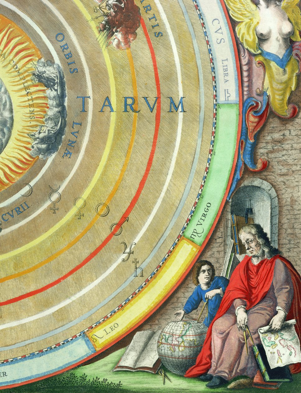 En astronom, detalj från en karta över planeterna, från puben "A Celestial Atlas, or The Harmony of the Universe" (Atlas coelestis seu harmonia macrocosmica). av Joannes Janssonius, Amsterdam, 1660-61 (ha av Andreas Cellarius