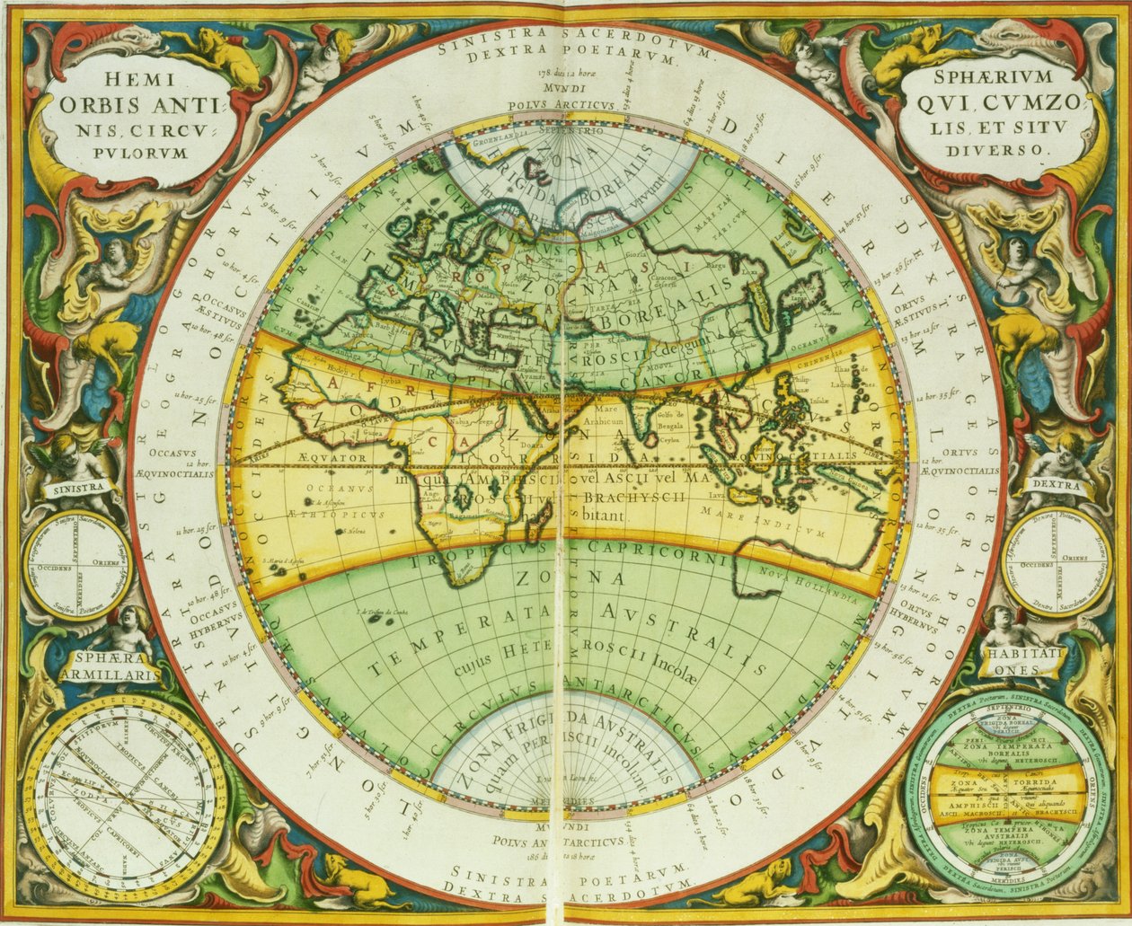 Ancient Hemispheres of the World, skylt 94 från puben "The Celestial Atlas, or the Harmony of the Universe" (Atlas coelestis seu harmonia macrocosmica). av Joannes Janssonius, Amsterdam, 1660-1 (gravi av Andreas Cellarius