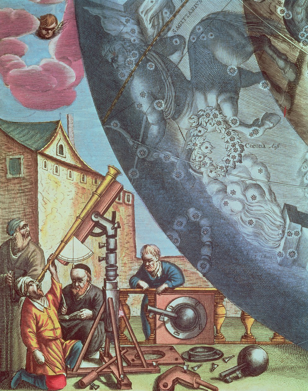 Astronomer som tittar genom ett teleskop, detaljer från en karta över konstellationerna från puben "The Celestial Atlas, or The Harmony of the Universe" (Atlas coelestis seu harmonica macrocosmica). av Joannes av Andreas Cellarius