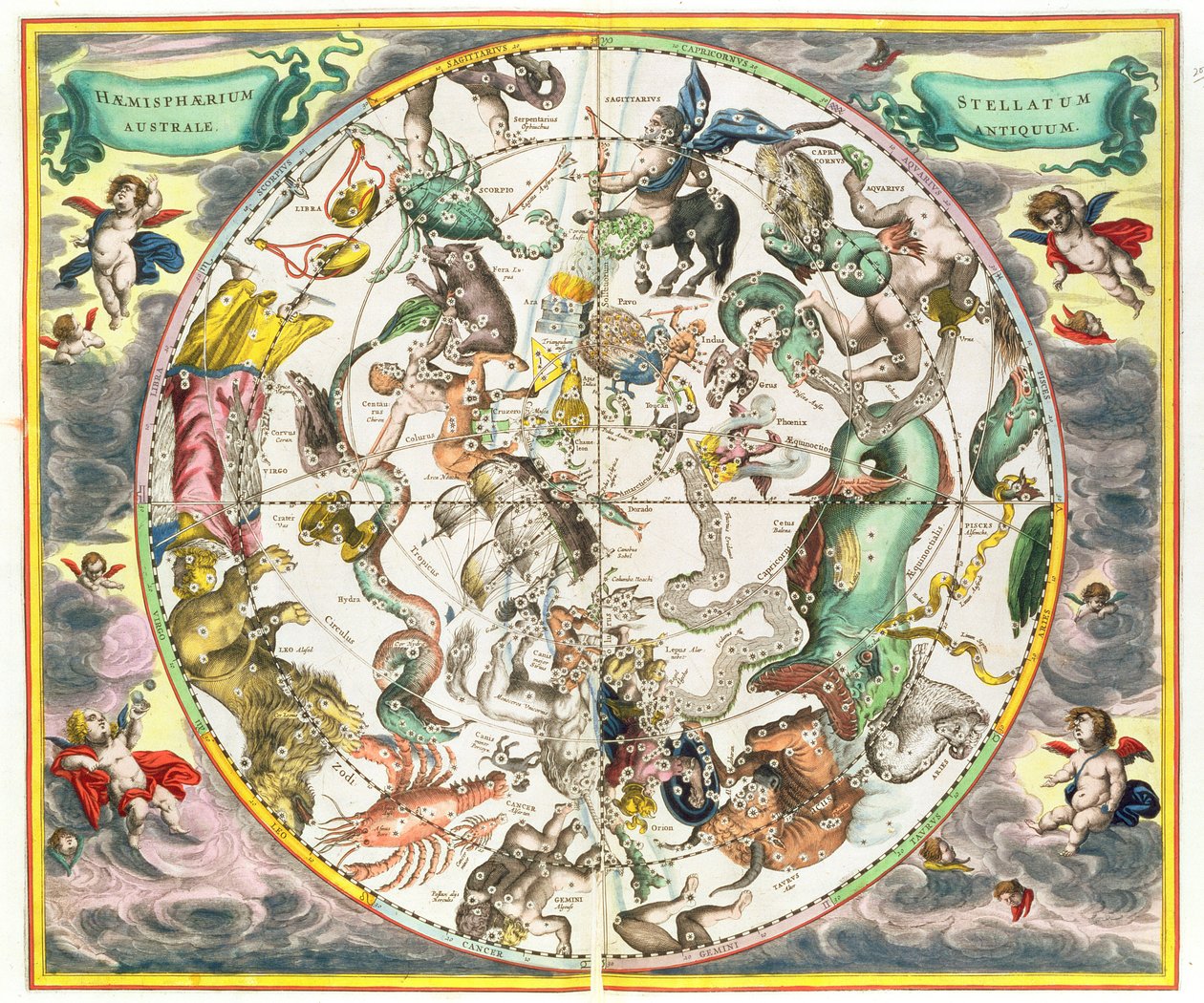 Karta över södra halvklotet, från puben "The Celestial Atlas, or The Harmony of the Universe" (Atlas coelestis seu harmonia macrocosmica). av Joannes Janssonius, Amsterdam, 1660-61 (handfärgad eng av Andreas Cellarius