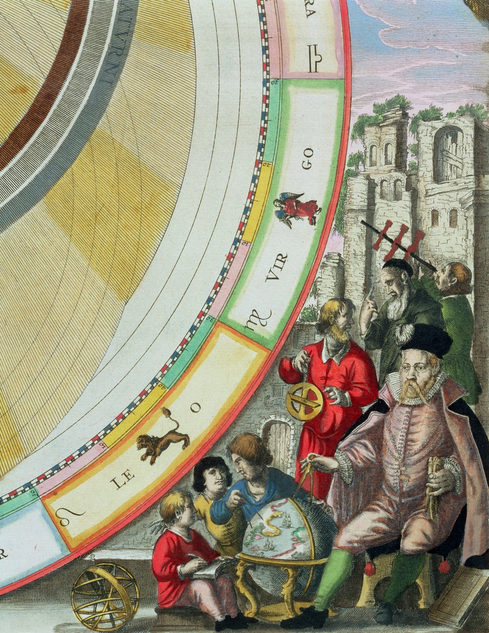 Tycho Brahe (1546-1601), detalj från en karta som visar hans system av planetbanor, från puben "The Celestial Atlas, or The Harmony of the Universe" (Atlas coelestis seu harmonia macrocosmica). av Joanne av Andreas Cellarius