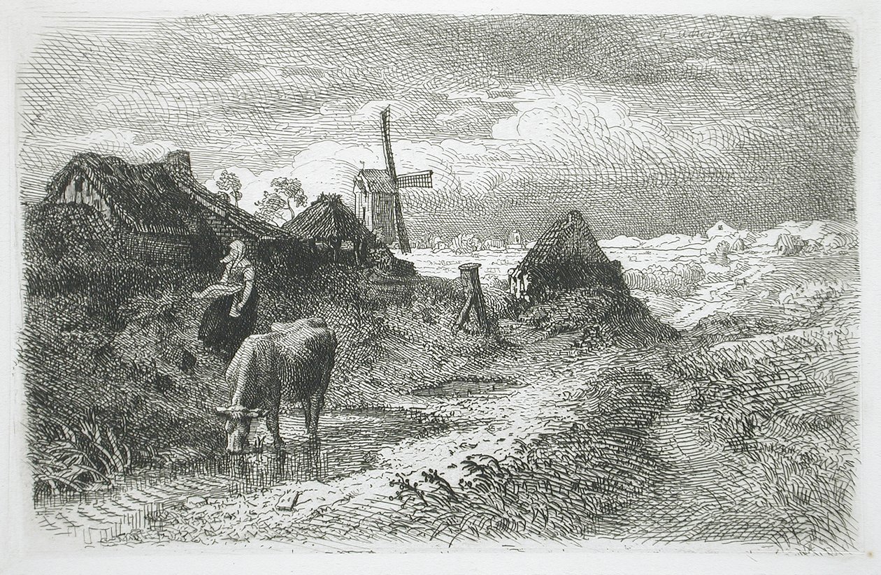 Landskap med stugor och väderkvarn av Andreas Achenbach