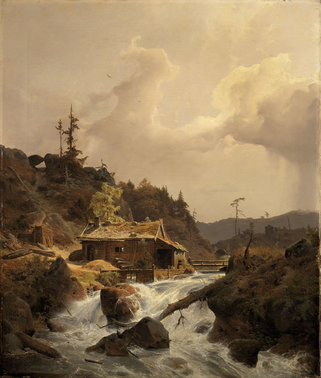 Norskt landskap med sågverk av Andreas Achenbach