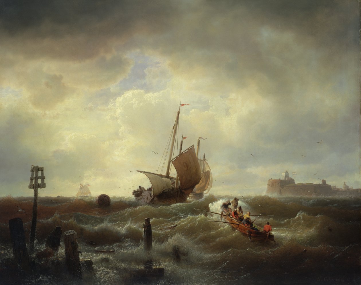 Inloppet till hamnen vid Hellevoetsluis, 1850 av Andreas Achenbach