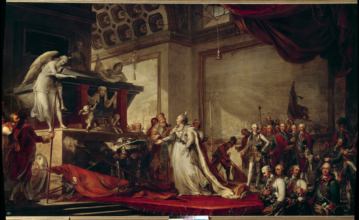 Impress Catherine II av Ryssland (1729-1796) placerar troféerna som tagits från turkarna framför Peter den store målningen 1791 av Andreas Caspar Hune (Huene) (1758-1813) - Pushkin (stad) - (Catherine Palace) ?) av Andreas Caspar Hune