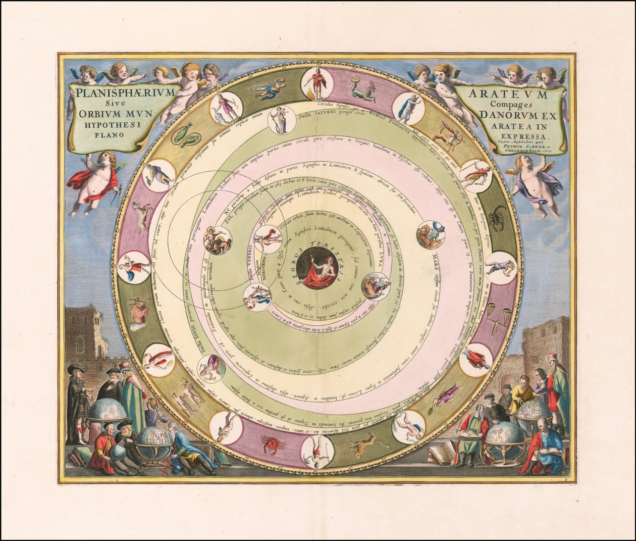 1660 års himmelsdiagram som illustrerar den grekiske astronomen Aratus modell av universum av Andreas Cellarius