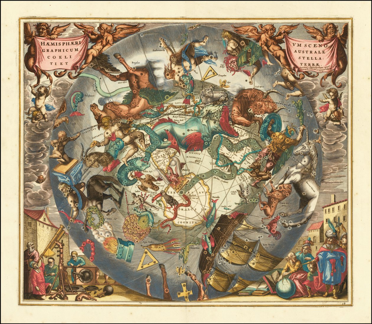 1660 års himmelskarta över den södra himlen, som illustrerar konstellationerna på södra halvklotet av Andreas Cellarius