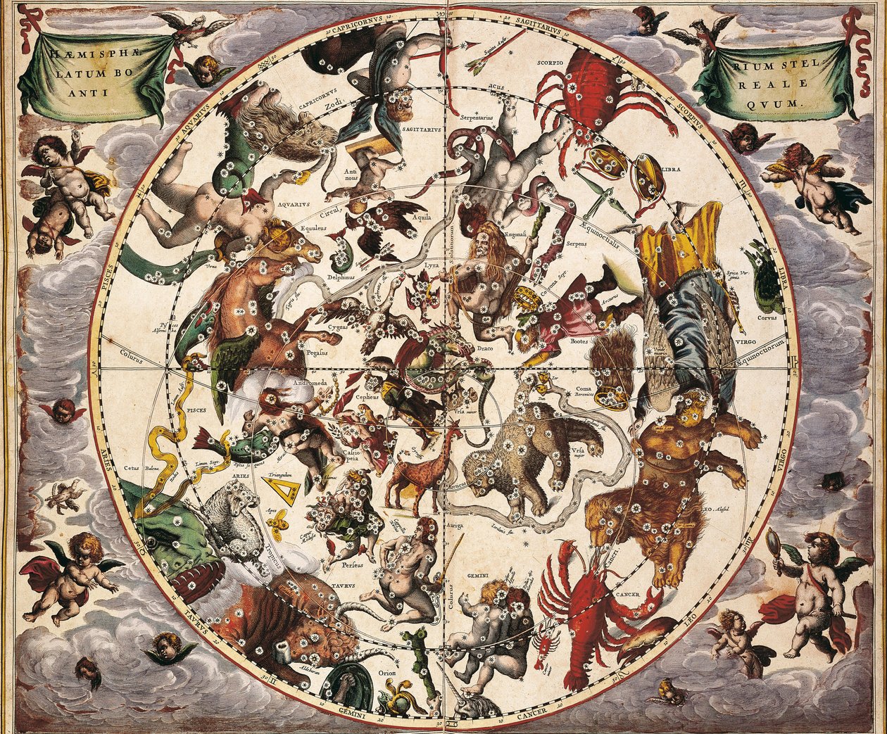 Cellarius, Andreas (1596-1665). Himmelsk atlas eller makrokosmisk harmoni. 1661. Fol 24. Urgammalt stjärnklart hemisfärsboreal. Representation av norra halvklotet. Tryckt i Amsterdam av Johannes Janssonius. Tidig modern tid Gravyr. SPANIEN C av Andreas Cellarius