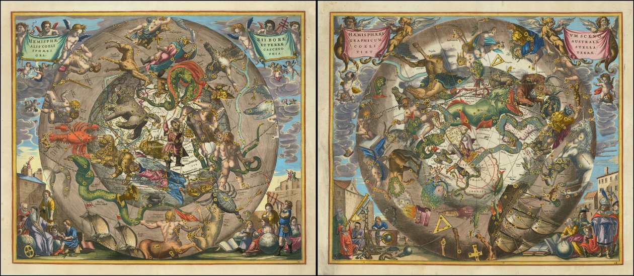 Hemisphaerii Borealis Coeli et Terrae Sphaerica Scenographia - Haemisphaerium Scenographicum Australe Coeli Stellati et Terrae av Andreas Cellarius