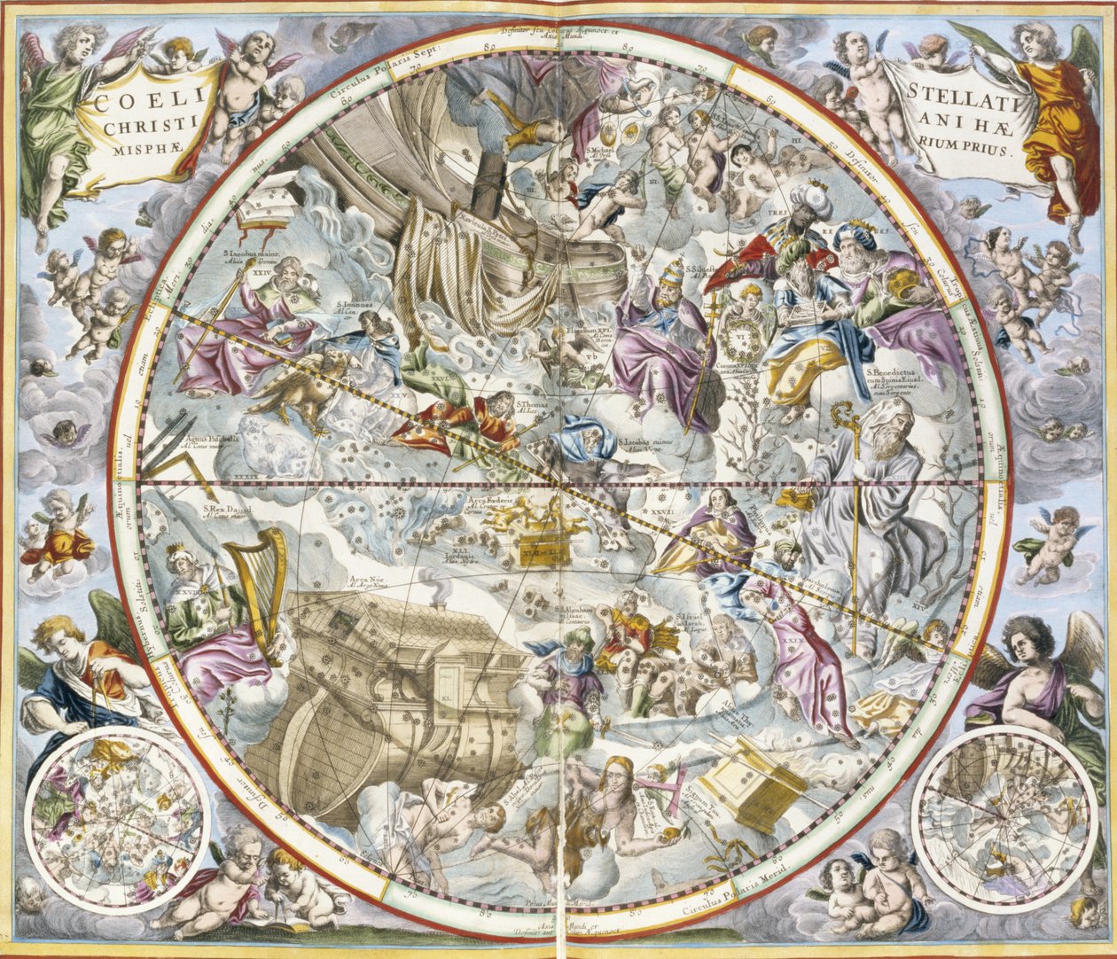 Karta över de kristna konstellationerna som avbildats av Julius Schiller, från The Celestial Atlas, eller The Harmony of the Universe atlas coelestis seu harmonia macrocosmica pub. av Joannes Janssonius, Amste av Andreas Cellarius