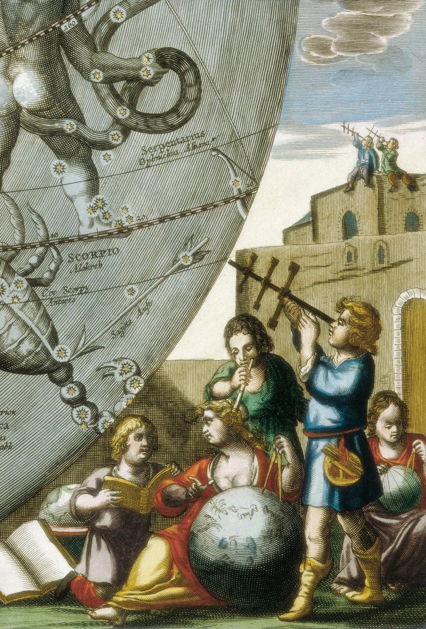 Forskare (astrologer och astronomer) som studerar jordklot och himmelskarta, detalj från Atlas Coelestis seu Harmonia Macrocosmica av Andreas Cellarius (1596-1665) av Andreas Cellarius