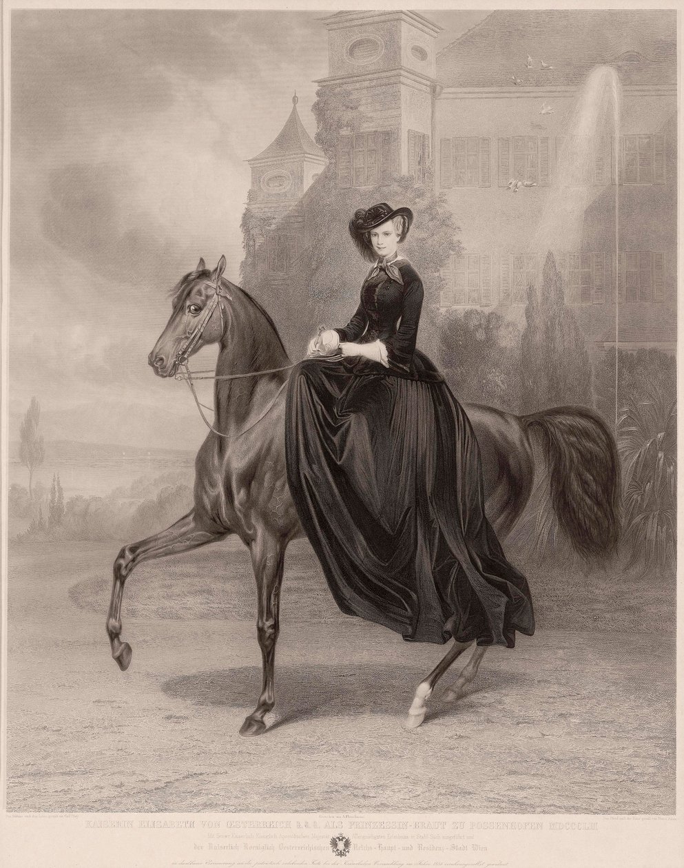 Ryttarporträtt av Elizabeth av Bayern (1837-1898) (kejsarinna av Österrike, allmänt känd som Sissi). Verk av Andreas Johann Fleischmann (1811-1878), gravyr på koppar av Andreas Johann Fleischmann
