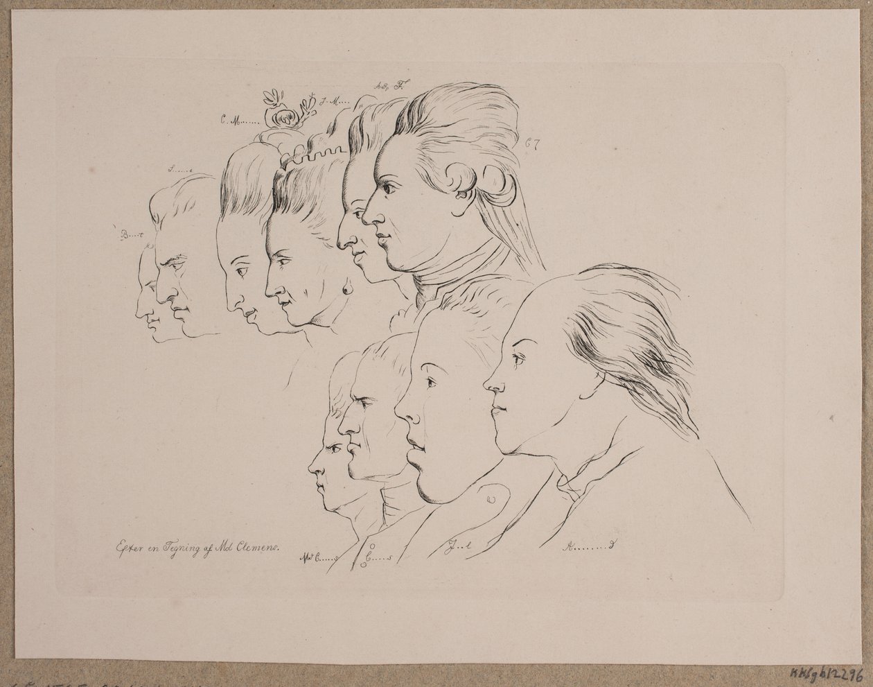 10 porträtt: Enevold Brandt, Johann Friedrich Struensee, Caroline Mathilde, Julieane Marie, Arvprins Frederik, Christian VII, Marie Jeanne Clemens, J. F. Clemens, Jens Juel och Nicolai Abildgaard av Andreas Peter Madsen