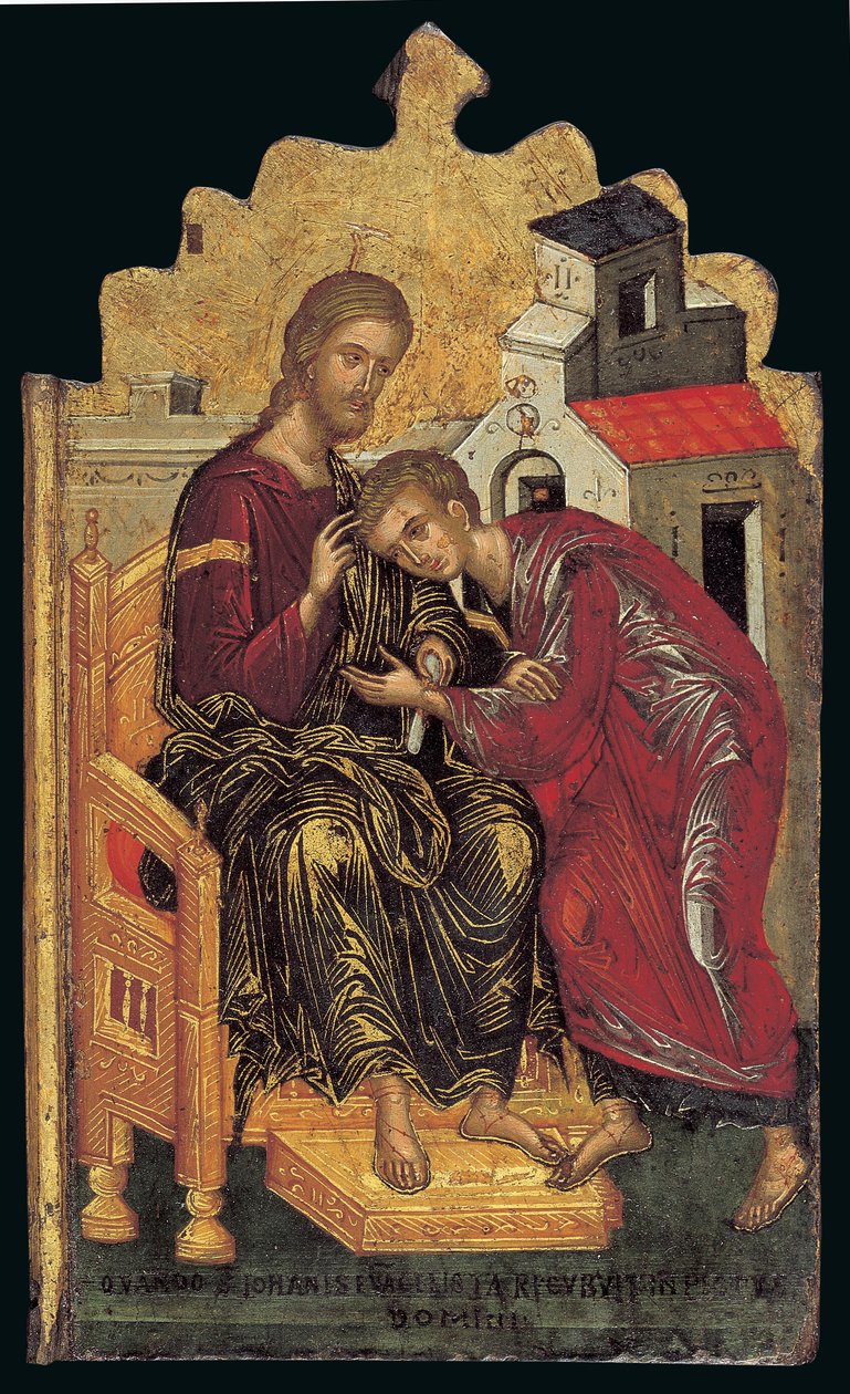 Johannes teologen accepterar Kristi välsignelse (vänster panel på en triptyk) (äggtempera på panel) av Andreas Rico