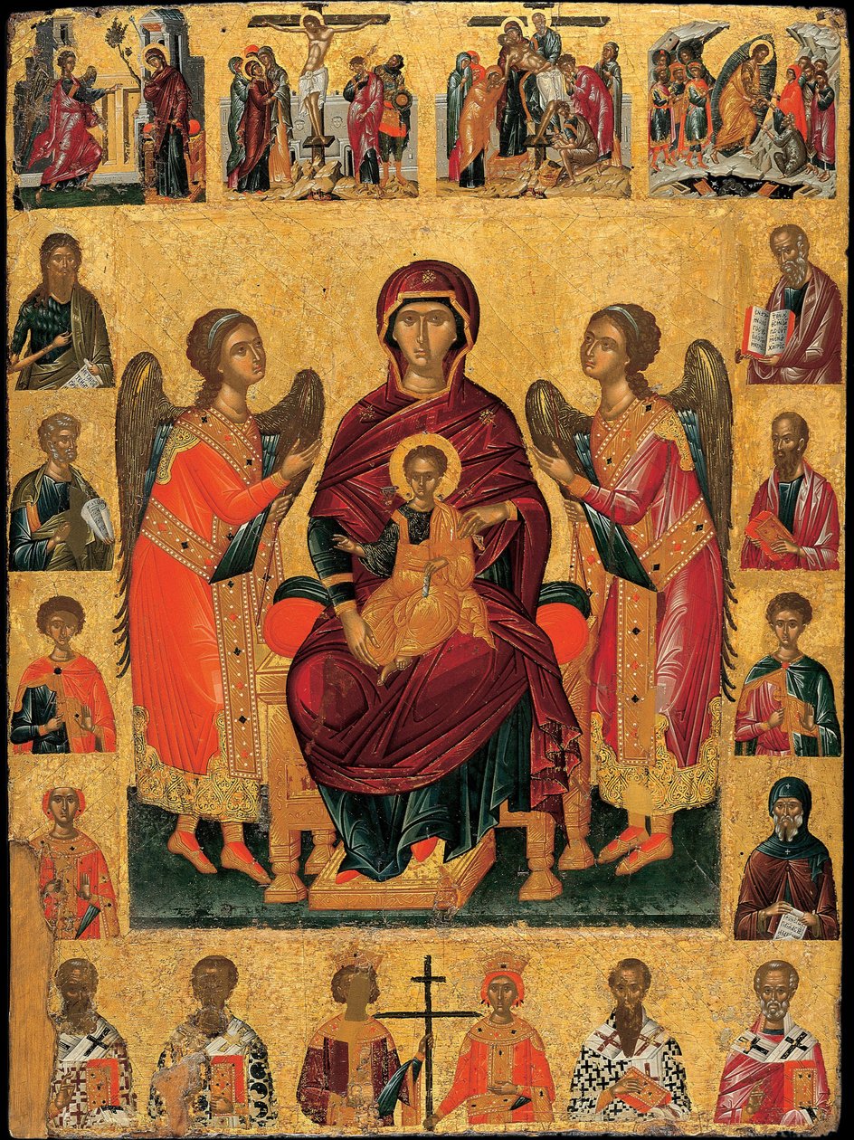 Jungfrun och barnet på tronen (med två änglar är scenen inramad av evangelisterna och helgonens gestalter, övervunnen av scenerna från passionen och nedanför, kyrkans patriarker) (Jungfrun och barnet på tronen) - Ikon av Andreas av Andreas Ritzos
