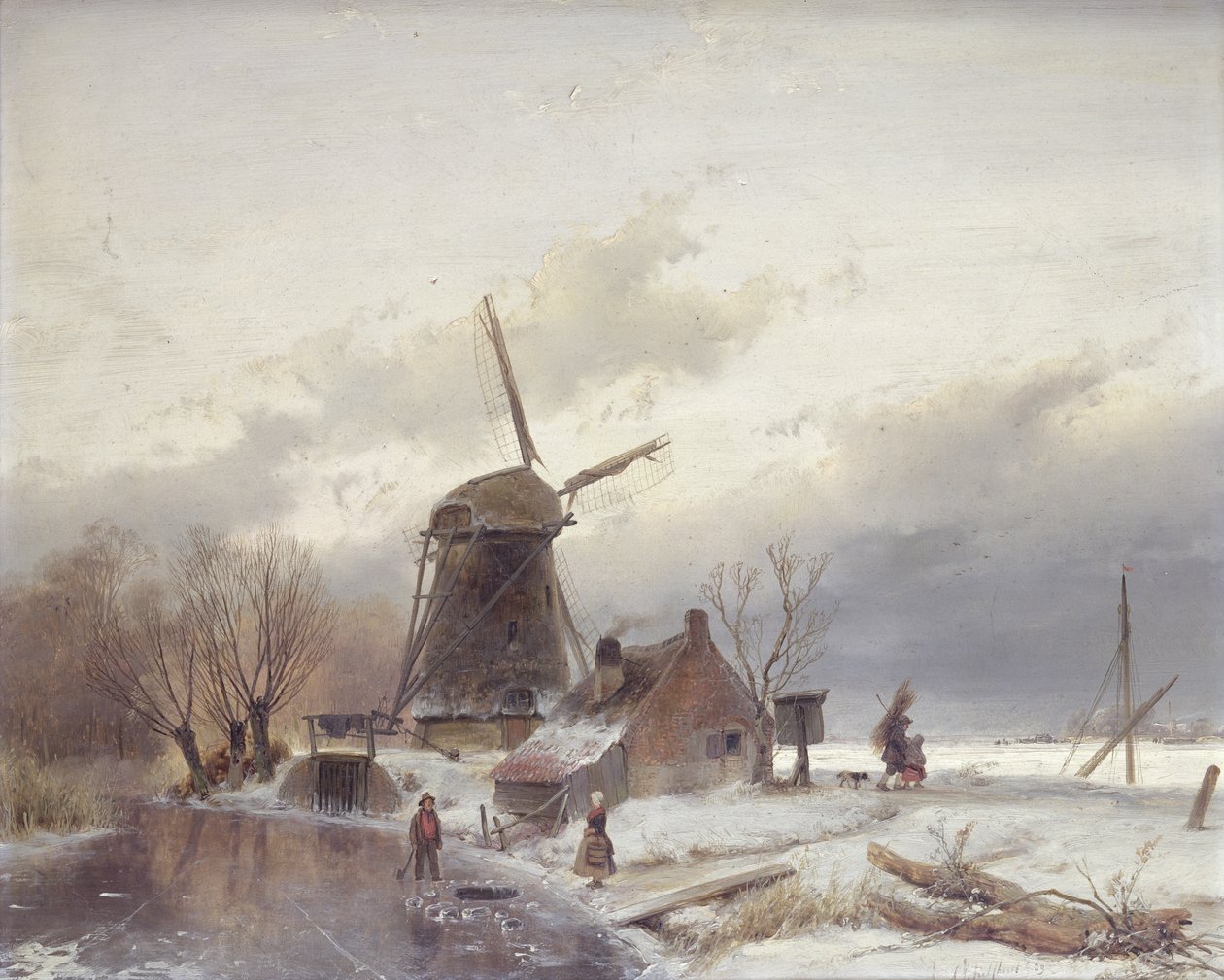 Ett fruset flodlandskap med en väderkvarn (olja på väderkvarn) av Andreas Schelfhout