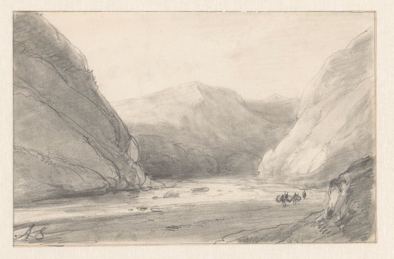 Bergslandskap med flod och en figur med två lastade åsnor av Andreas Schelfhout