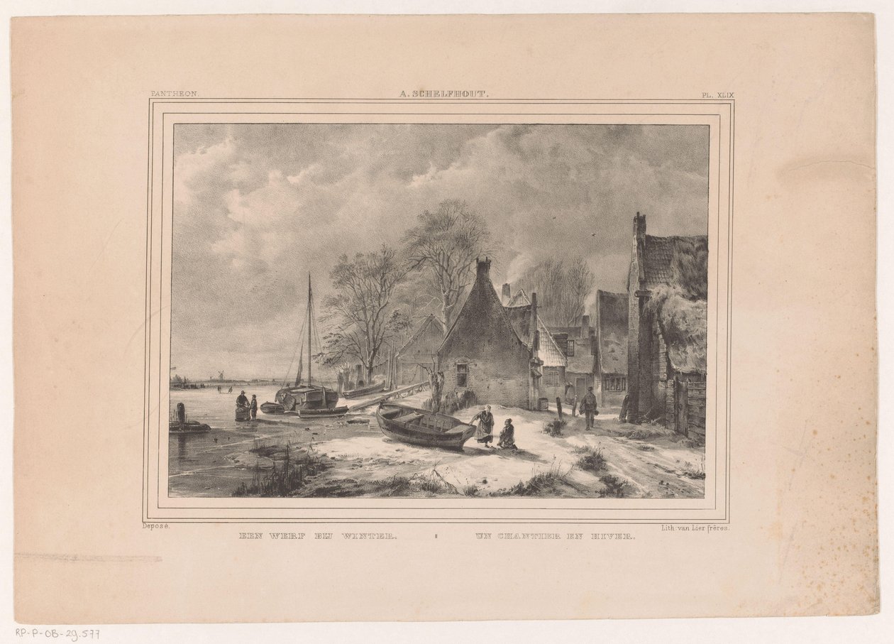 Frusen flod nära byn A yard at winter / Un chantier en hiver (titel på objekt) av Andreas Schelfhout