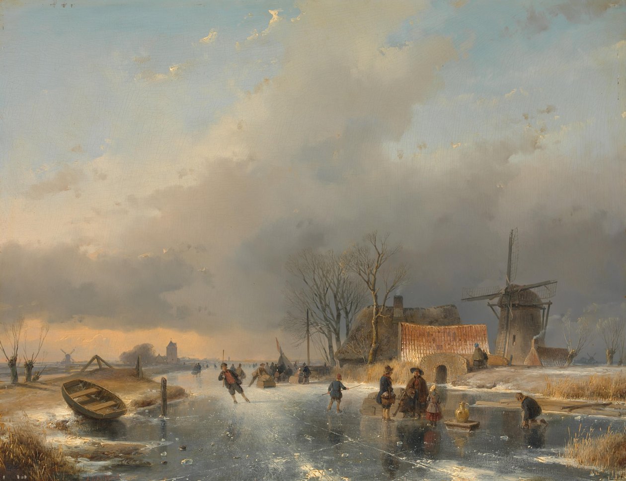 Ett vinterlandskap, till höger en kvarn och bostäder vid en frusen kanal av Andreas Schelfhout