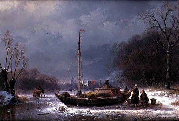 Bönder vid en båt på en frusen flod (olja på duk) av Andreas Schelfhout