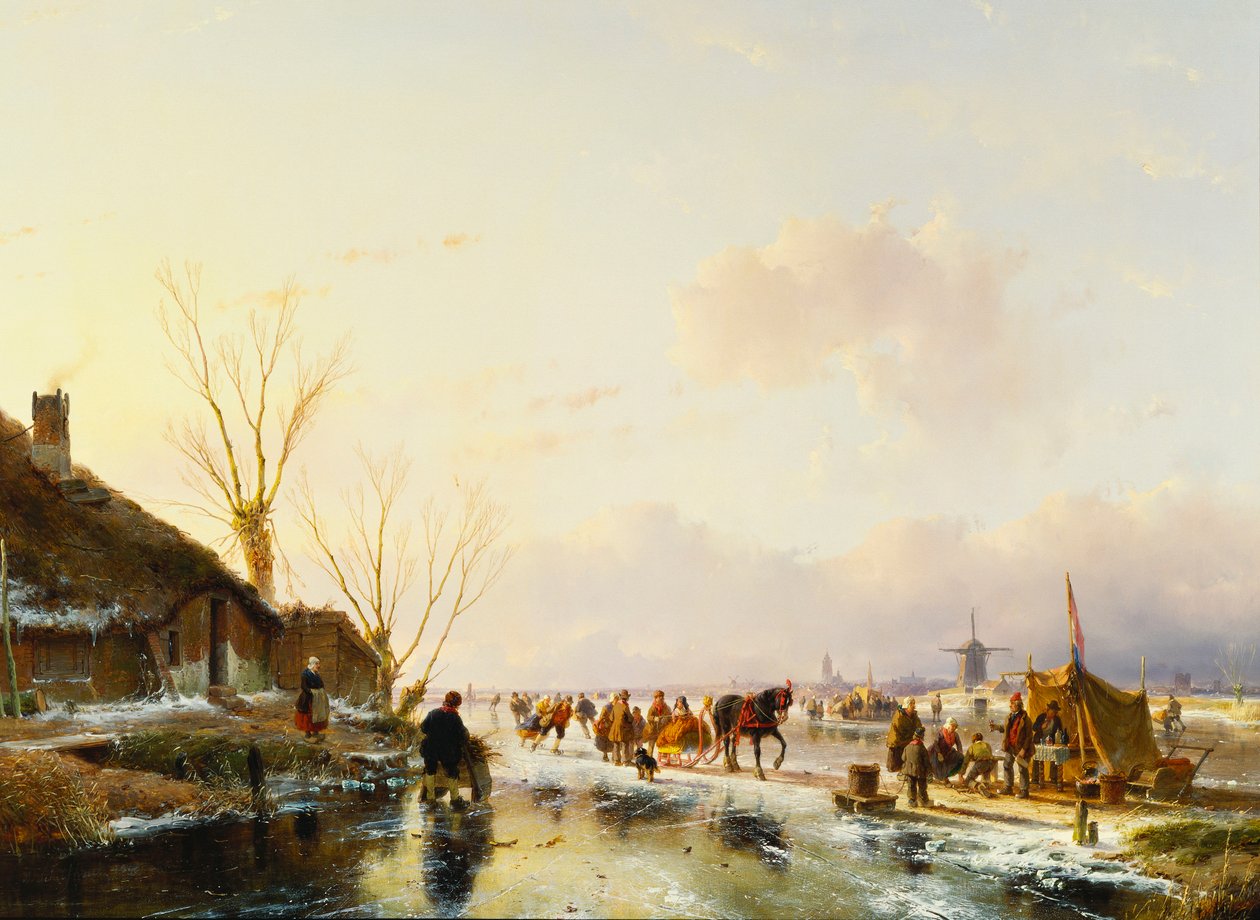 Skridskoåkare vid en bås på en frusen flod, 1850 av Andreas Schelfhout