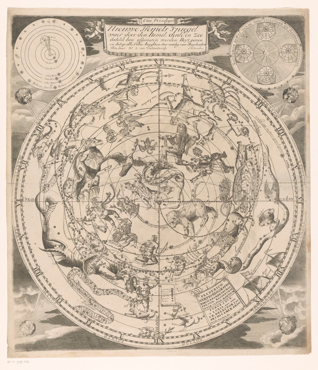 Himmelskarta med de norra konstellationerna Ny himmelsk spegel: där genom himmel, jord och hav omedelbart (...) (titel på objekt) av Andreas van Luchtenburg (possibly)
