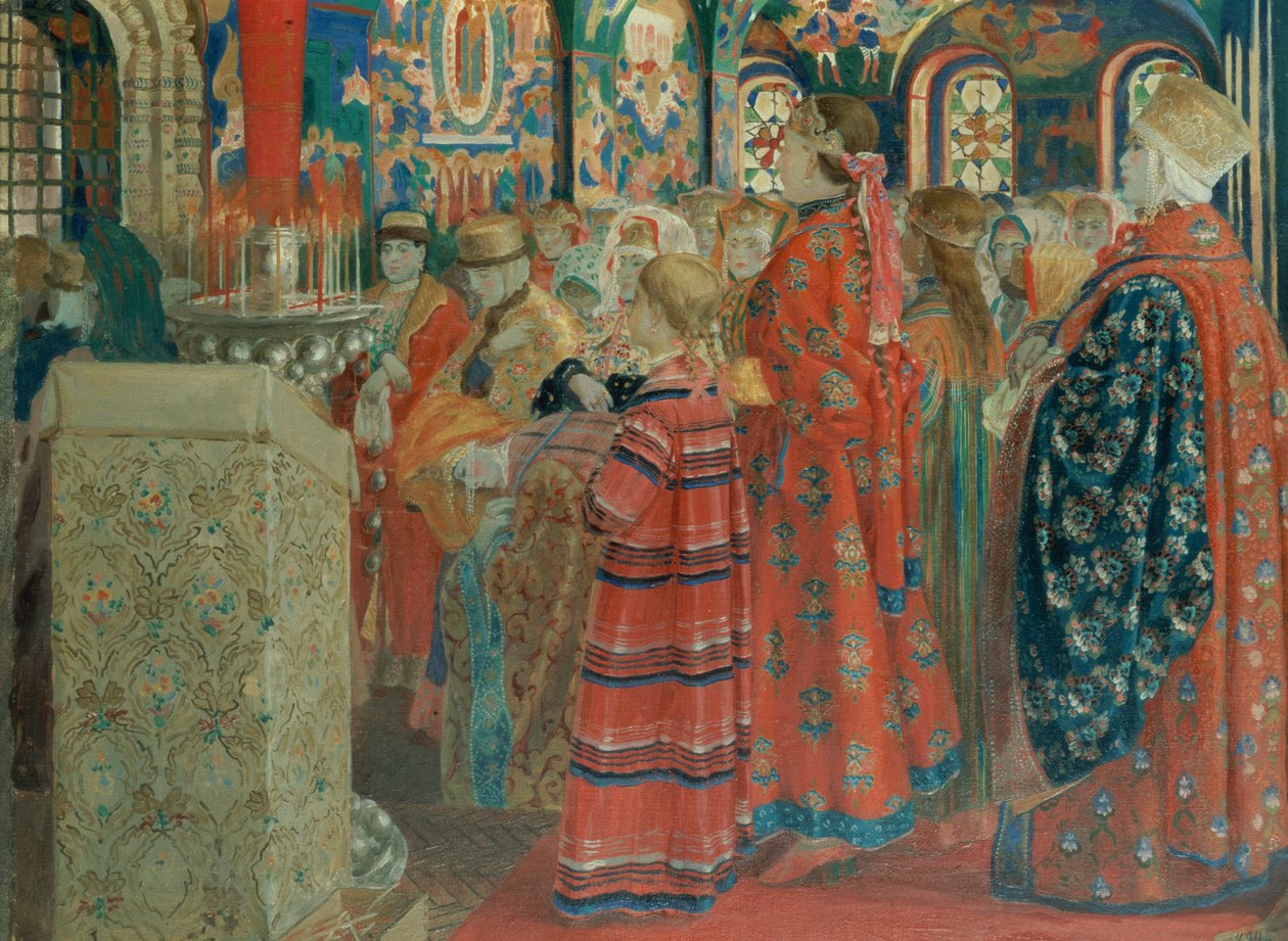 Russiske kvinder fra det syttende århundrede i kirken, 1899 swed av Andrei Petrovich Ryabushkin