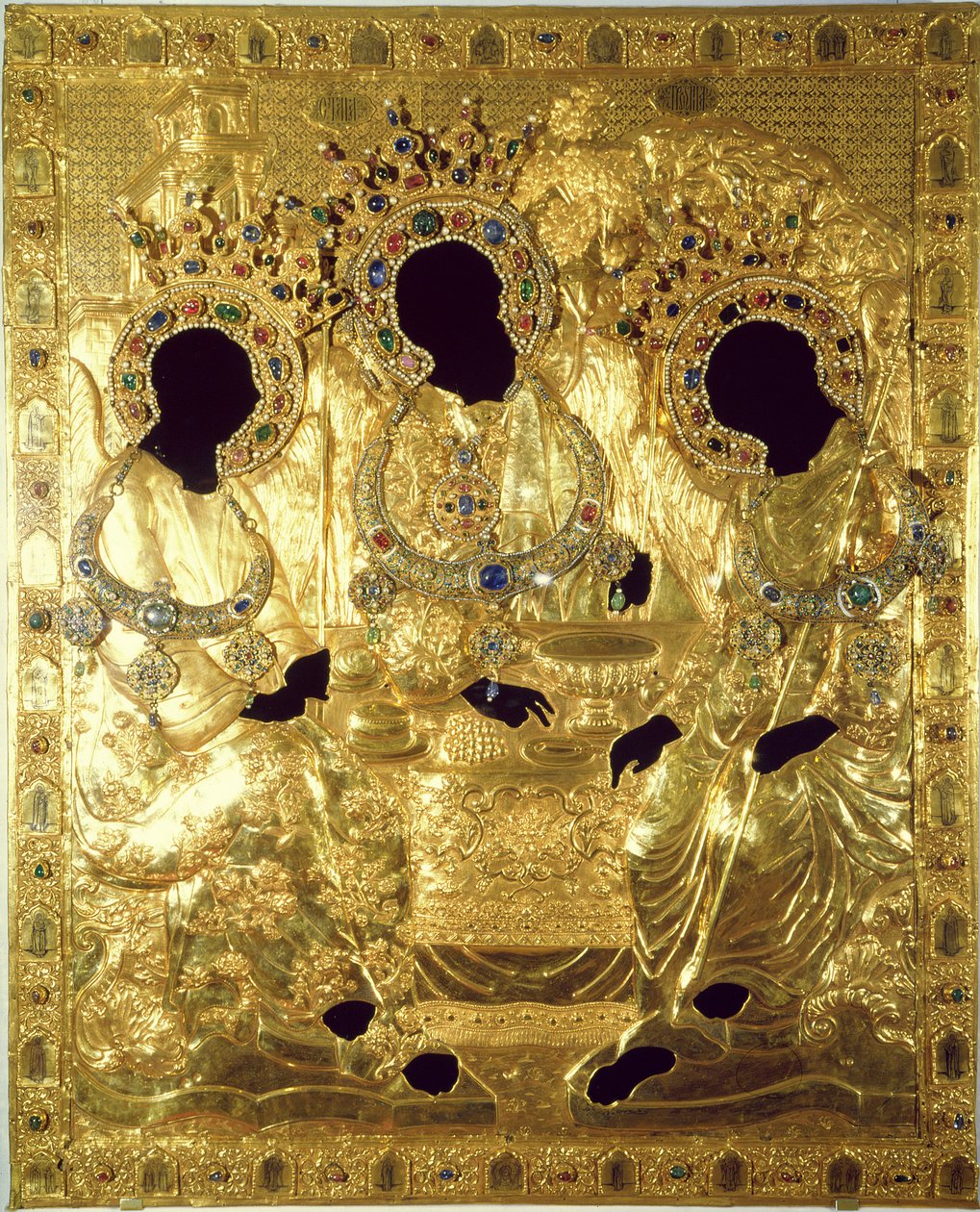 Oklad, eller omslaget till Treenighetsikonen (guld och silver med ädelstenar och pärlor) (detalj) av Andrei Rublev