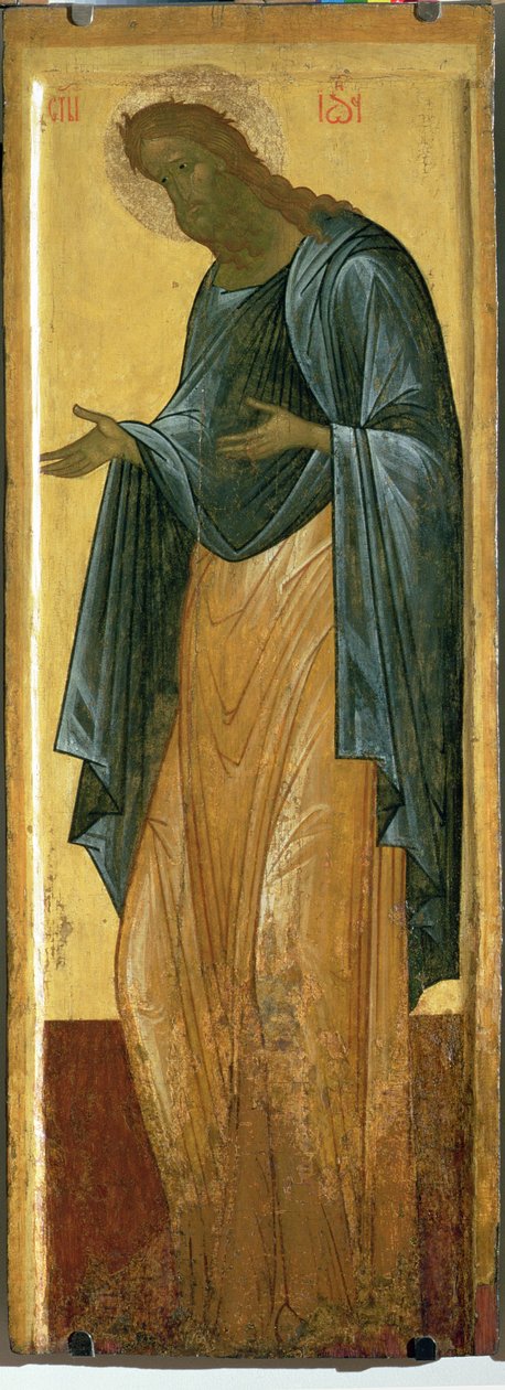 St. John the Preerunner, från Deisis-nivån i Dormition-katedralen i Vladimir (tempera på panel) av Andrei Rublev
